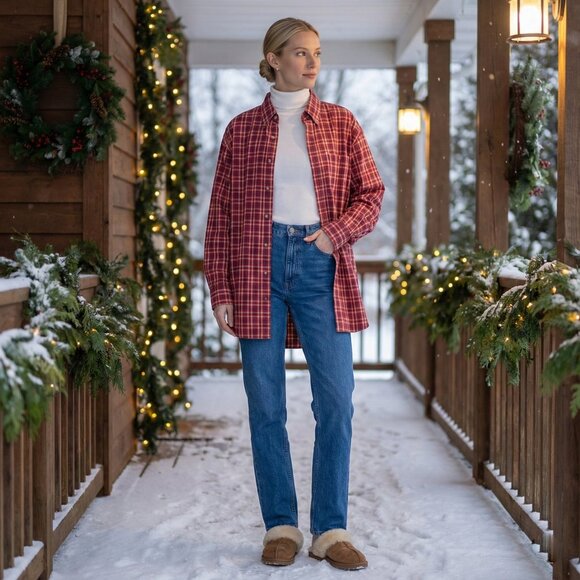 Red Plaid Button-Down Shirt Unisex Oversized Cotton Blend - Picture 1 of 13